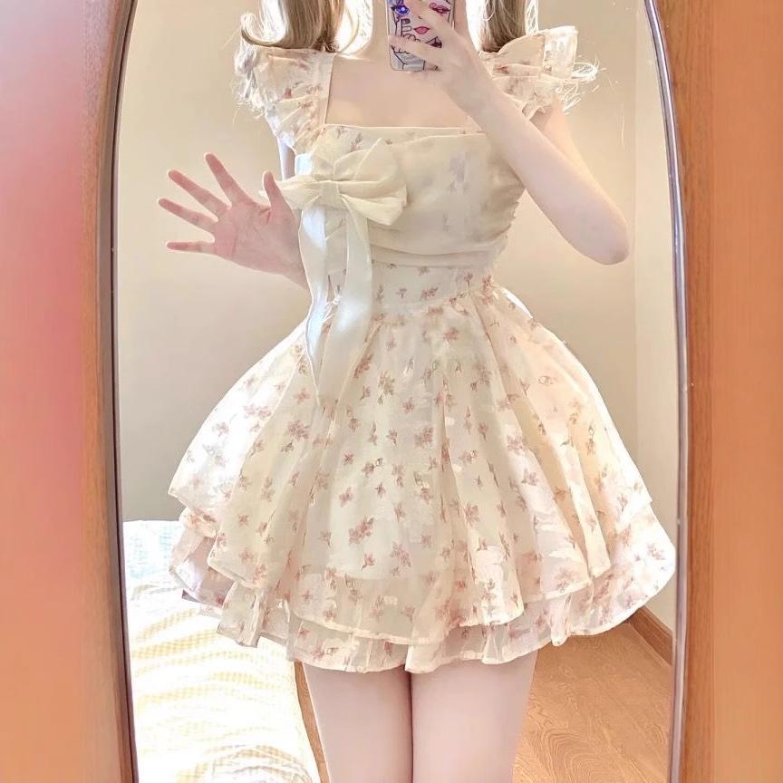 French Sweet Wind Small Flying Sleeves Floral Dress Women's Summer Small Bow Waist On the Run Princess Short Skirt