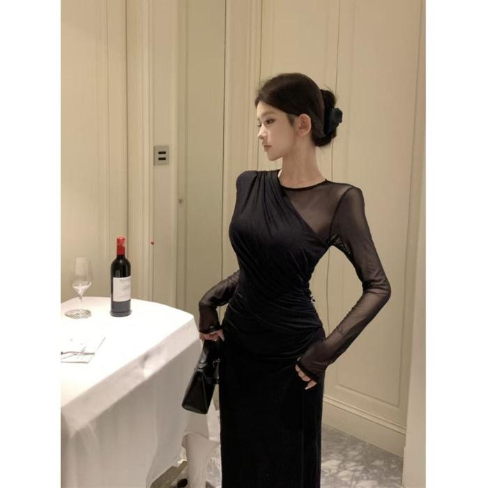 Retro sexy royal sister black temperament fashion early autumn mesh knitting waist thin long sleeve dress women s clothing S