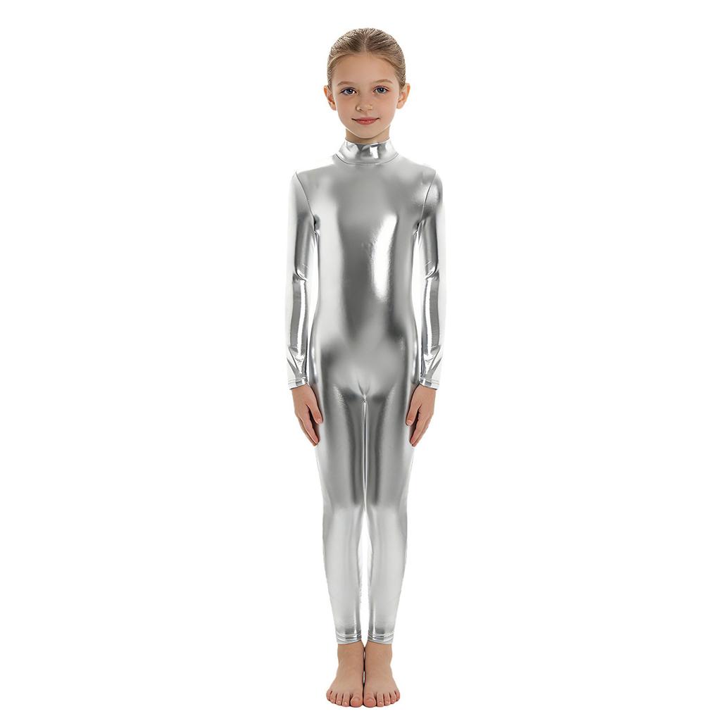 Barn Unisex Performance Jumpsuit Metallic Glansig, Långärmad Halsringad Helkroppsdräkt För Halloween & Dansrollspel