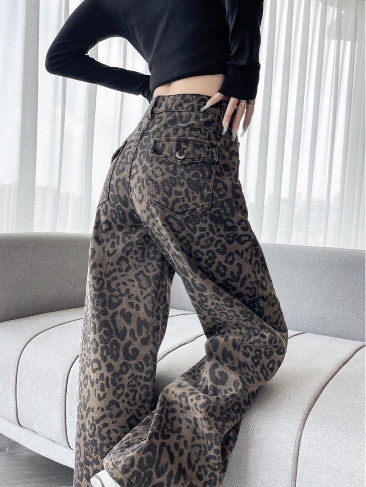 Women's Retro Leopard Print Wide-Leg Jeans - Petite Autumn/Winter Loose Fit