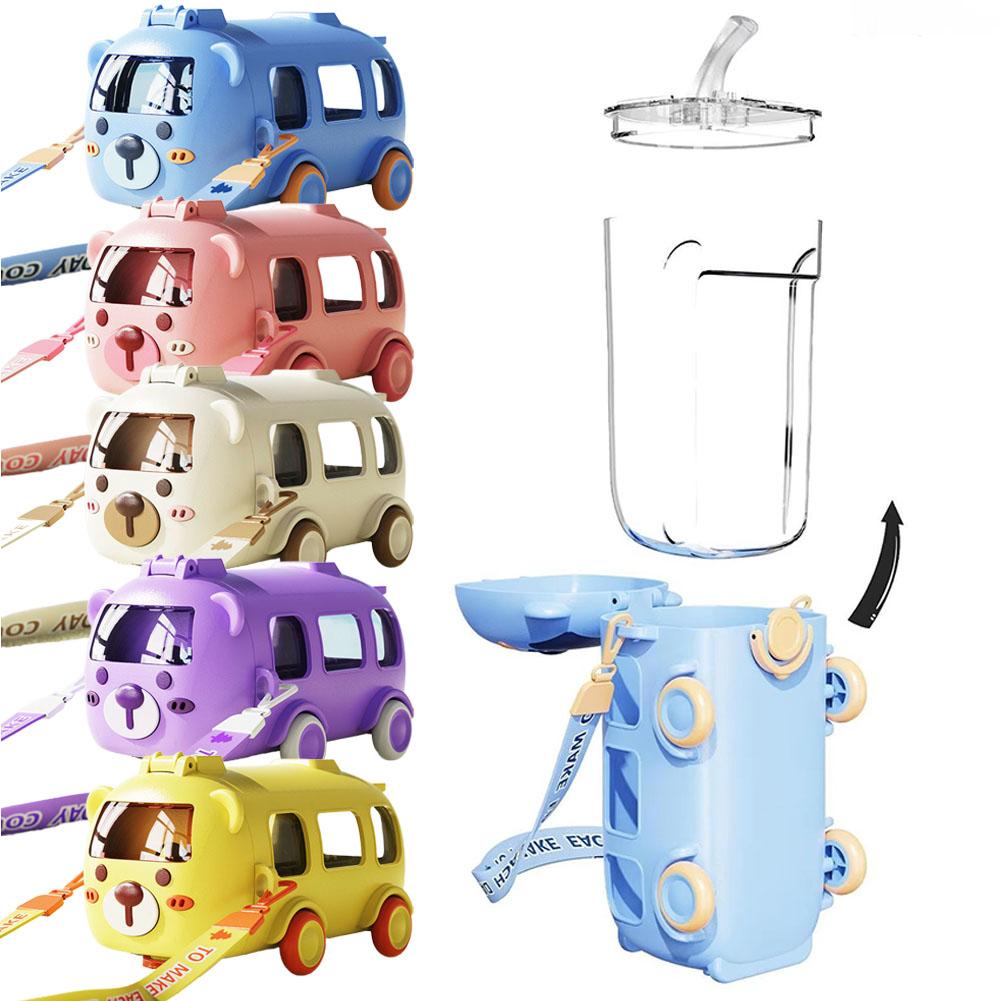 Kids' Bus Water Bottle 16oz Car Water Cup With Straw And Strap, Leak-Proof,Detachable Bus Water Jug Toy For School Sports Travel