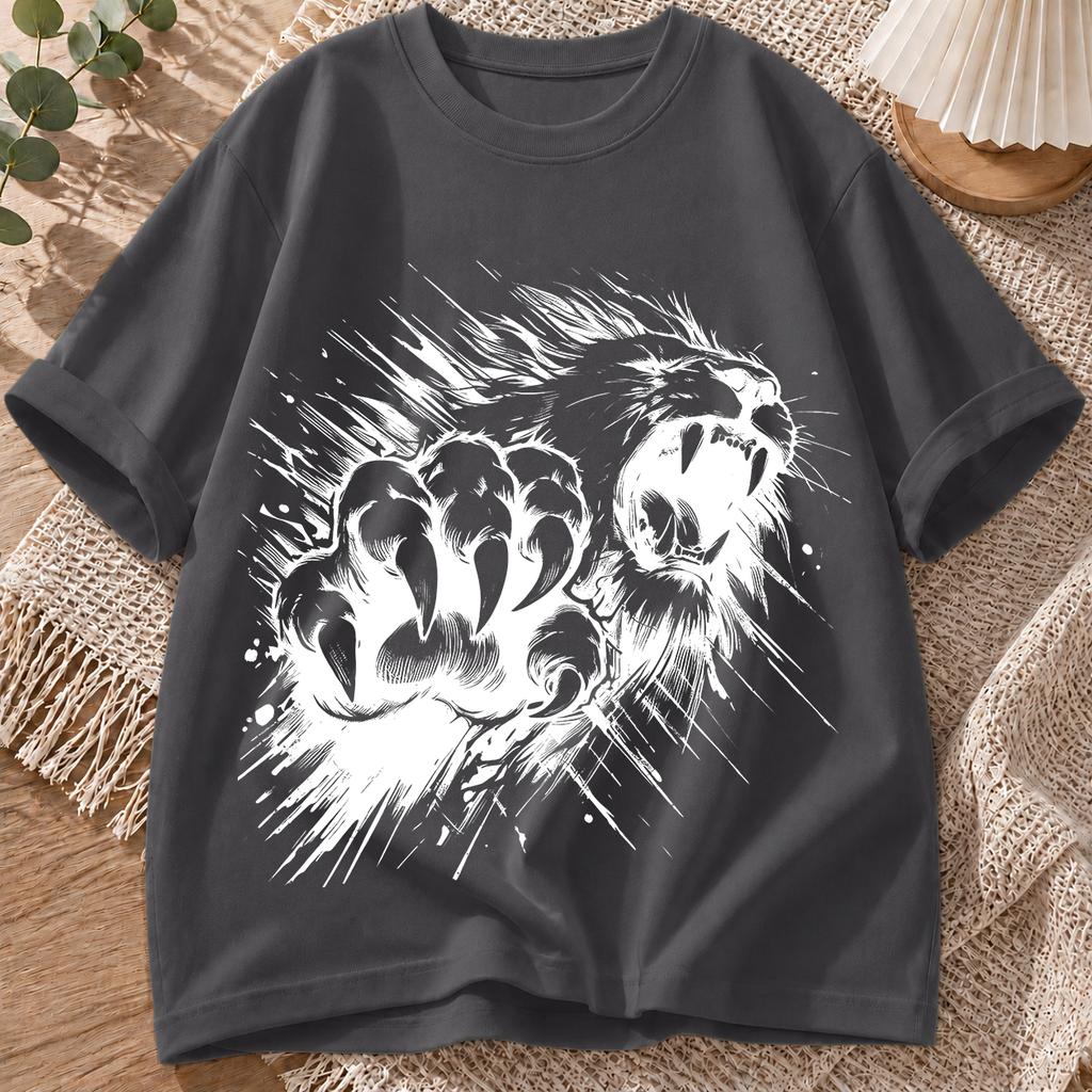 2026 New Pure Cotton Tshirt Bold Lion Claw Ink Style Print Unisexs Fashion Crew Neck Top Casual Short Sleeve
