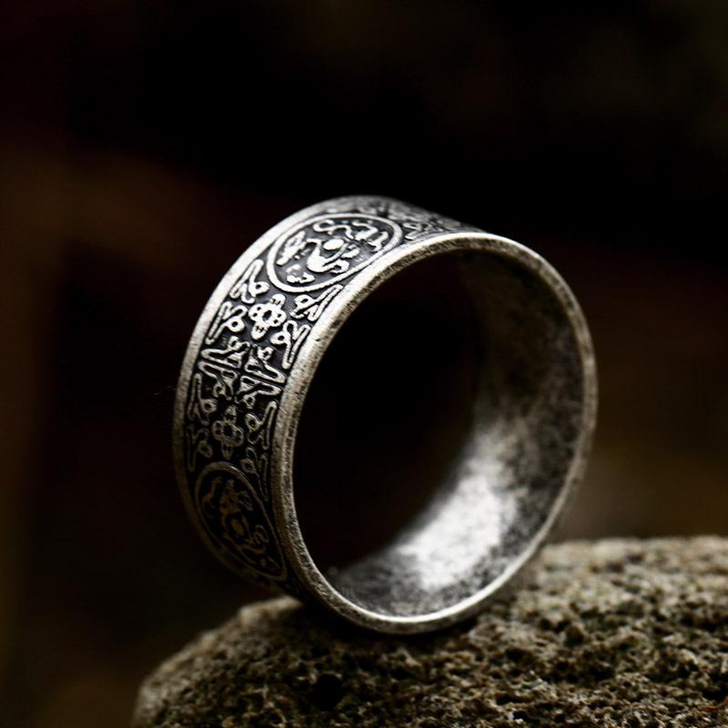 Black Plated Titanium Steel Narrow Men's Ring With Four Divine Beasts Design