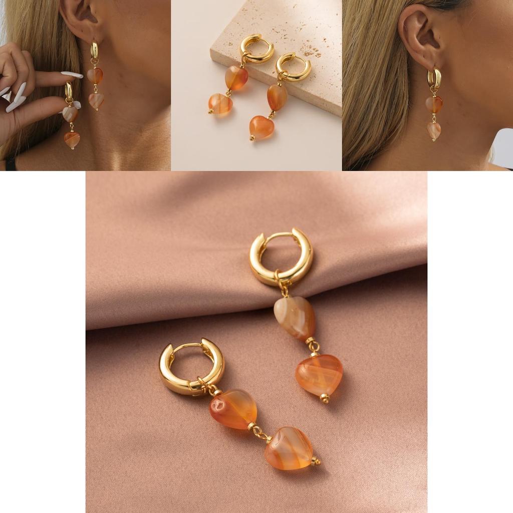 Fashionable Heart Shaped Natural Stone Earrings For Women Copper Electroplated