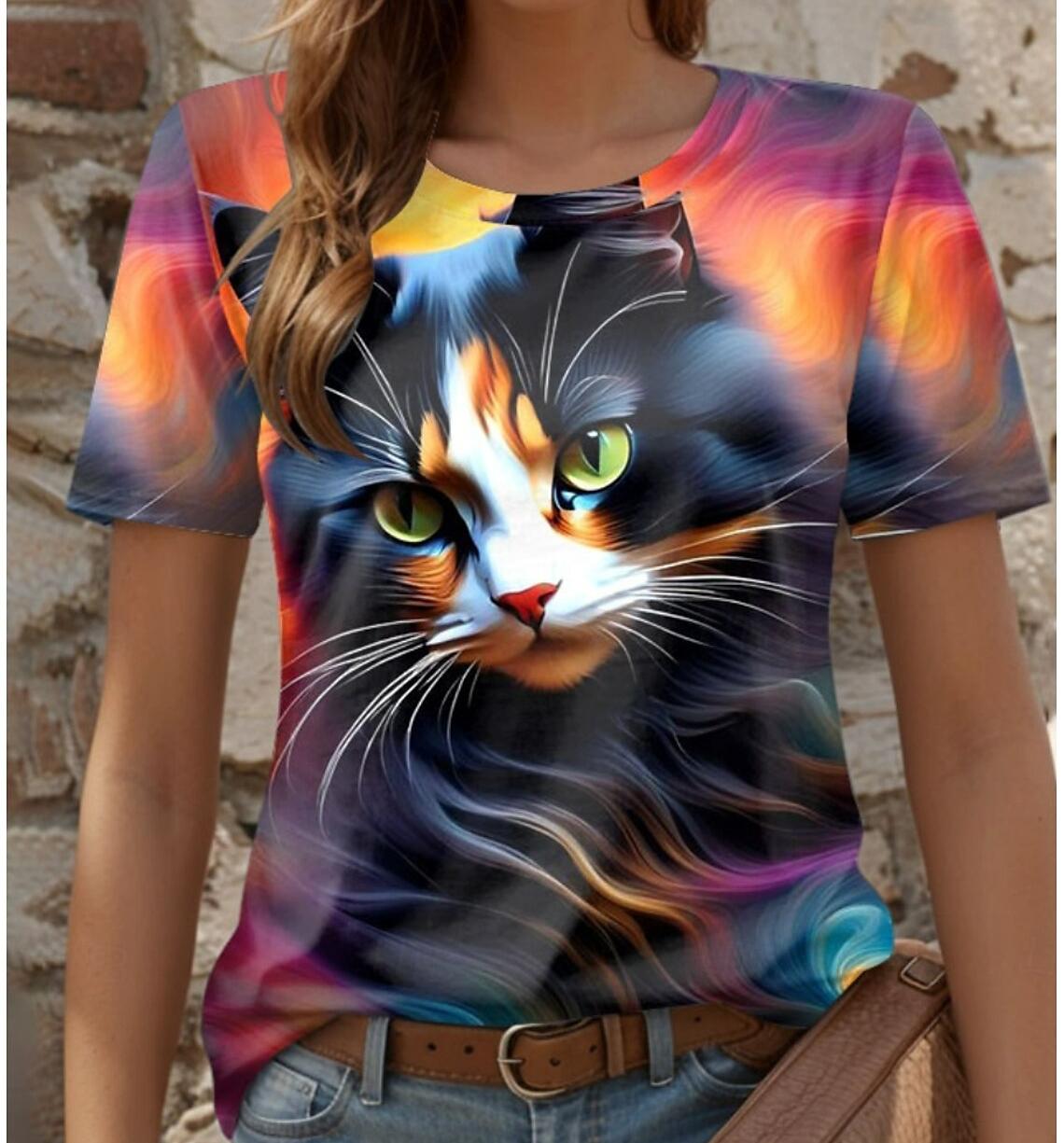 

XXS-6XL Футболка размера плюс женская забавная кошка 3D принты футболки футболки с коротким рукавом топы летняя повседневная женская одежда 6XL