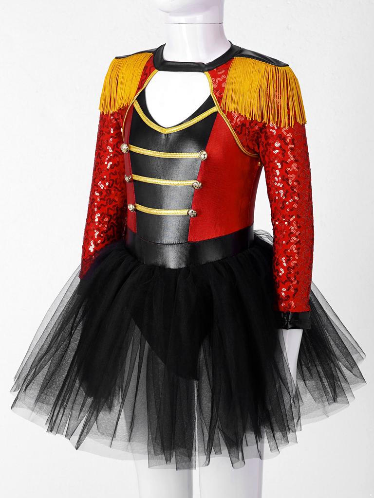 Girls Sequin Tassel Magician Costume Long Sleeve Epaulet Design Tutu Skirt Built In Brief Circus Dress Up