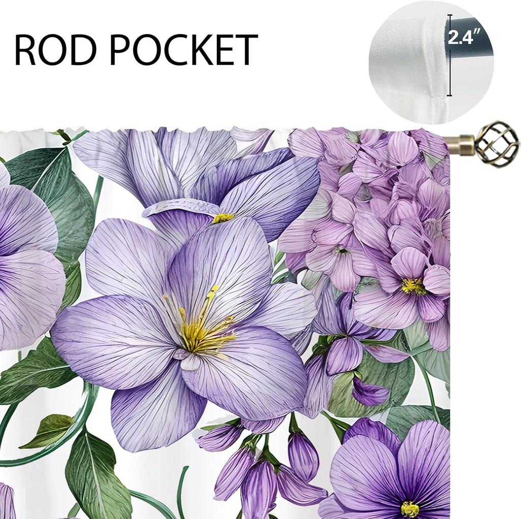 Purple Floral Butterfly Lilac Window Curtains Spring Flower Summer Girls Nature Garden Plant Drapes Treatment Curtain Polyester With Rod Pocket
