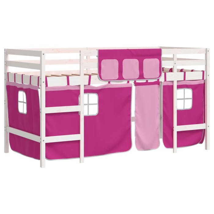 VidaXL Lit Mezzanine Enfants et Rideaux, Lit Surélevé pour Enfants avec Échelle, Meuble de Rangement Chambre, Moderne, Rose 3206969