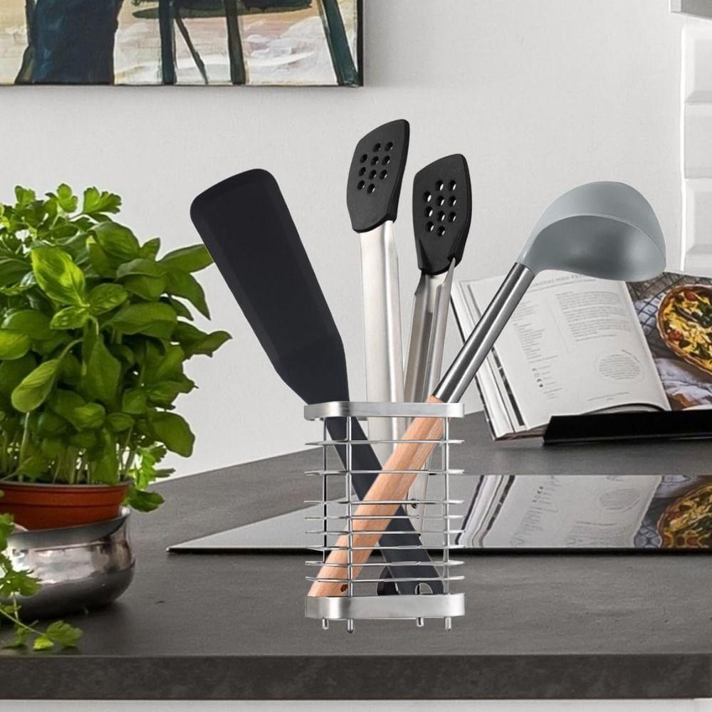 Draining Hole Base Kitchen Cutlery Holder Stainless Steel Desktop Spoon Container  Flatware