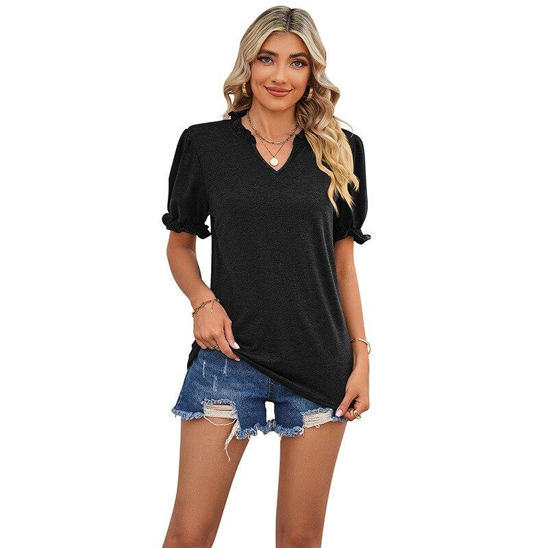 Summer Fashion V-Neck Tops Sweet Casual Shirt 2023 Puff Short Sleeve Blouse Female Loose Elegant Shirt Women Mujer 26031