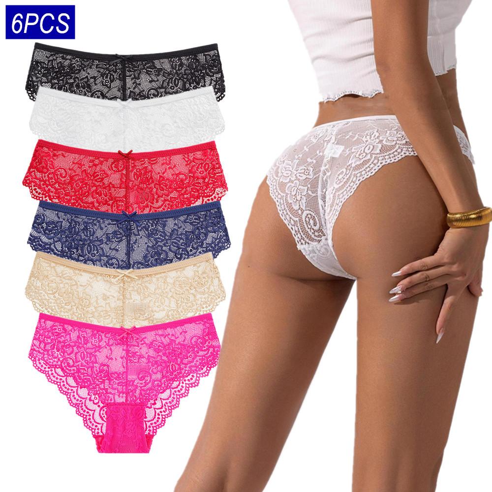 6Pcs/Pack Sexy Women Hollow Out Lace Briefs Lady Perspective Panties Underwear Plus Size M L XL XXL Bow Lingerie