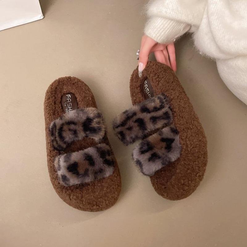 

Maillard retro platform slippers women s autumn and winter new one-character lazy shoes fashion leopard print outer wear fluffy slippers 35 чёрный