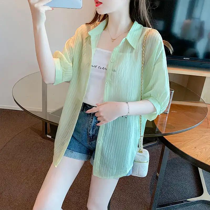 Summer Women Sheer Button Down Collar Short Sleeve Green Blouse Casual S