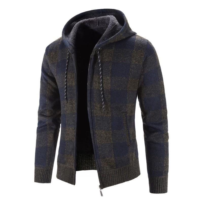 Men's Fall and Winter Knitted Zipper Jacket Hooded Plaid Jacket Outdoor Windproof Knitted Cardigan