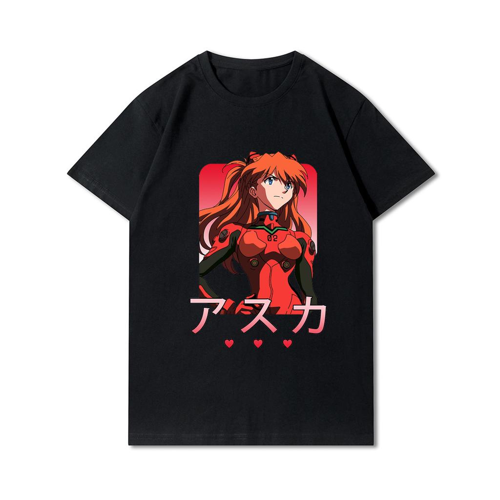 Camisetas masculinas estampadas Evangelion Plus Size, gola redonda, algodão, tops, anime, verão, tamanho grande, casual, pretas