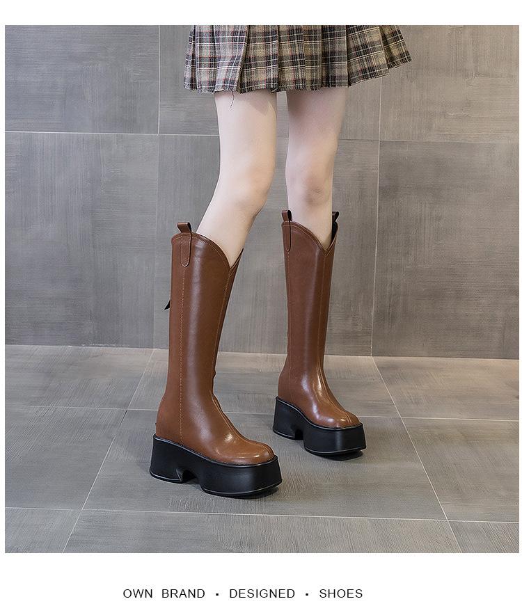 

Женские рыцарские сапоги с длинным голенищем до колена 2025 осень-зима новая коллекция в британском стиле кожаные сапоги квадратный носок толстая подошва внутренняя высота увеличена на 11 см 39