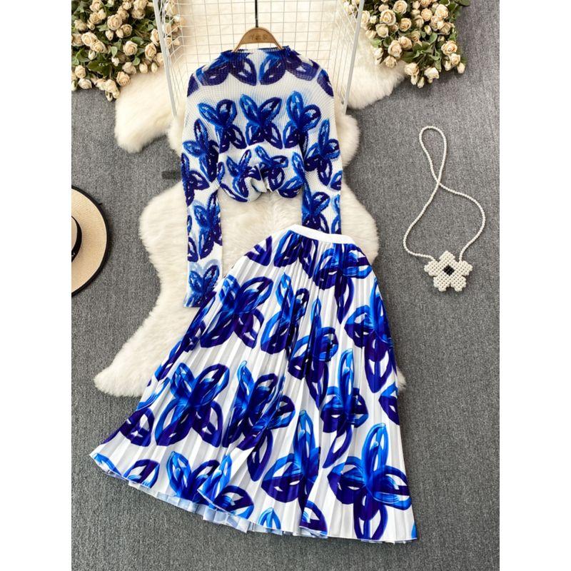 Sanzhai Ruched Celadon High Waist Skirt Fashion Suit