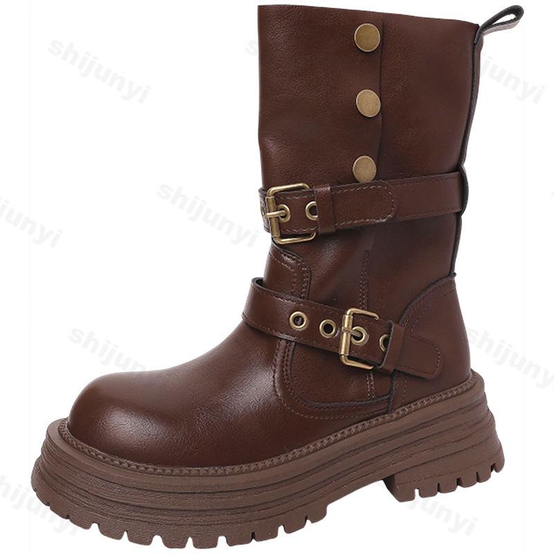 Stivali di Pelle con Rialzo da Donna alla Moda Autunno Inverno Fibbia Cintura Stivaletti Chelsea alla Moda Scarpe Casual Comode Vintage Antiscivolo