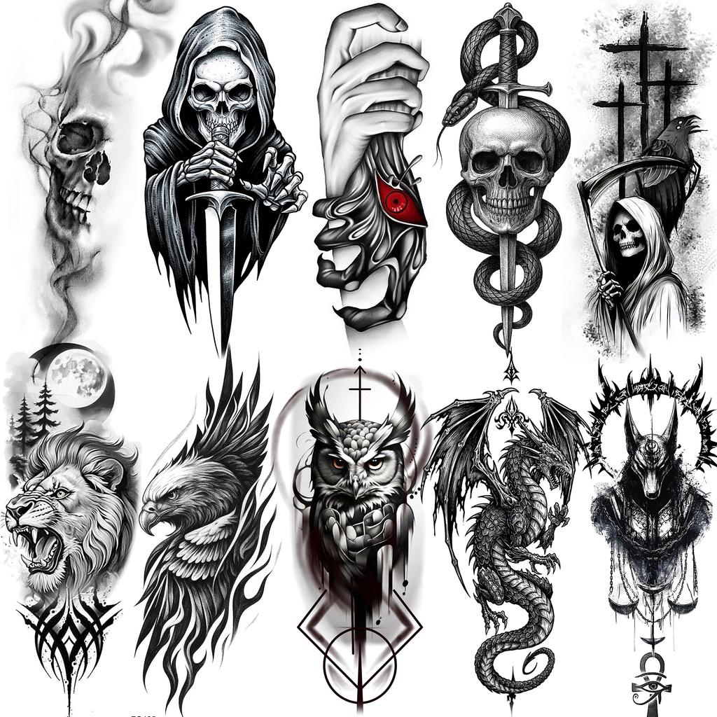 1 Sheet Scary Skull Grim Reaper Temporary Tattoos For Men Women Hand Arm Forearm, Realistic Fake Tattoo Sticker Halloween Tatoos