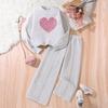 Girls' Big Kids 2-Piece Outfit Set Heart Print Long Sleeve Sweatshirt with Casual Wide Leg Pants Trendy Fall Winter Wear