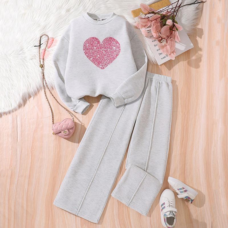 Girls' Big Kids 2-Piece Outfit Set Heart Print Long Sleeve Sweatshirt with Casual Wide Leg Pants Trendy Fall Winter Wear