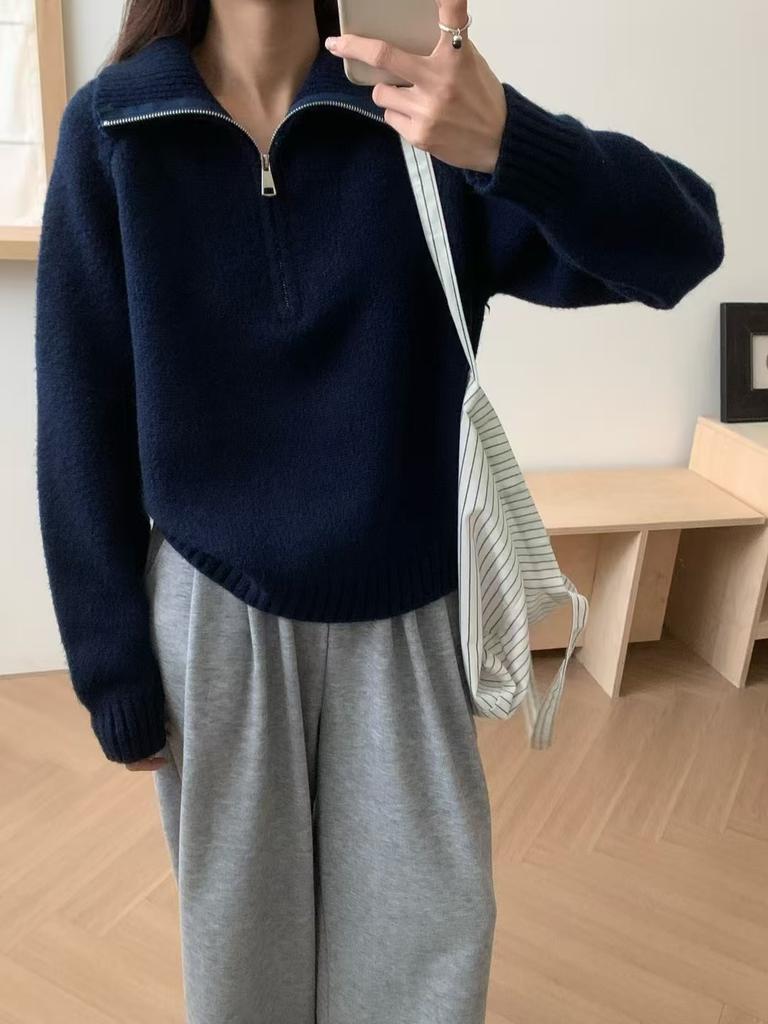 Half Zipper Lapel Knitted Pullover Sweater Women's Autumn and Winter High-end Sense New Lazy Soft Waxy Knitted Sweater Top