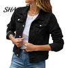 Women Jean Jacket Women's Long Sleeve Cropped Denim Jacket, Button Down Lapel Jeans Coat with Pockets, Fall Spring Lightweight Outerwear