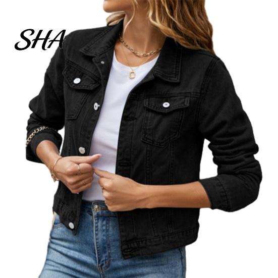 Women Jean Jacket Women's Long Sleeve Cropped Denim Jacket, Button Down Lapel Jeans Coat with Pockets, Fall Spring Lightweight Outerwear