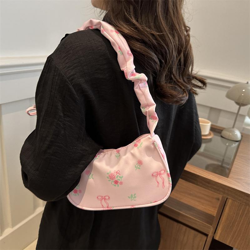 Women's Underarm Bag Summer Canvas Pleated Handlebags Armpit Purse FloralBow Printed Zipper Tote Handbag Female Shoulder Bag