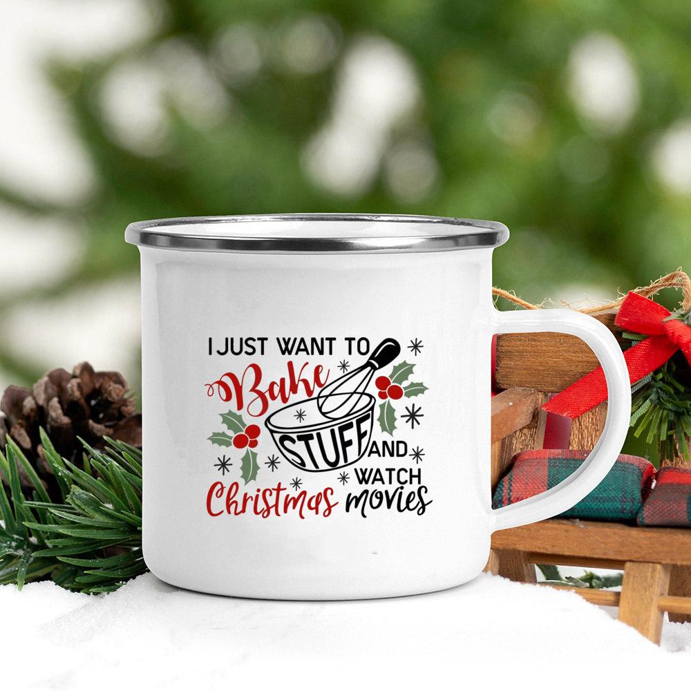 Christmas Printed Coffee Mugs With Handle Breakfast Milk Cups Enamel Drinking Cup Party Home Decorations Gifts for Friend Family