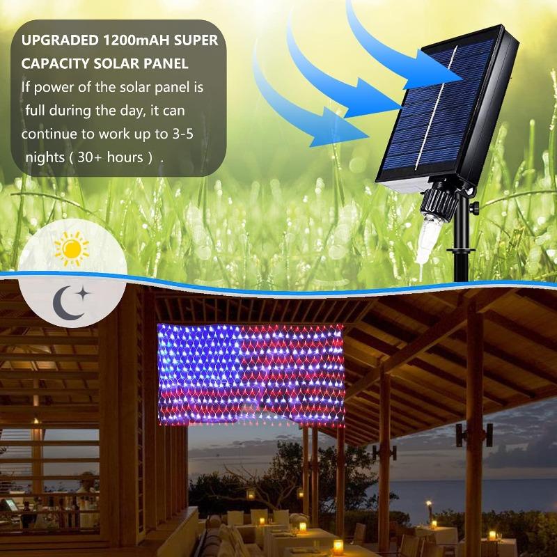 Solar-Girlande mit Flaggen, wasserdichte LED-Solar-Netzleuchten für Hof, Garten, Terrasse, Weihnachtsfest, patriotische Außendekoration