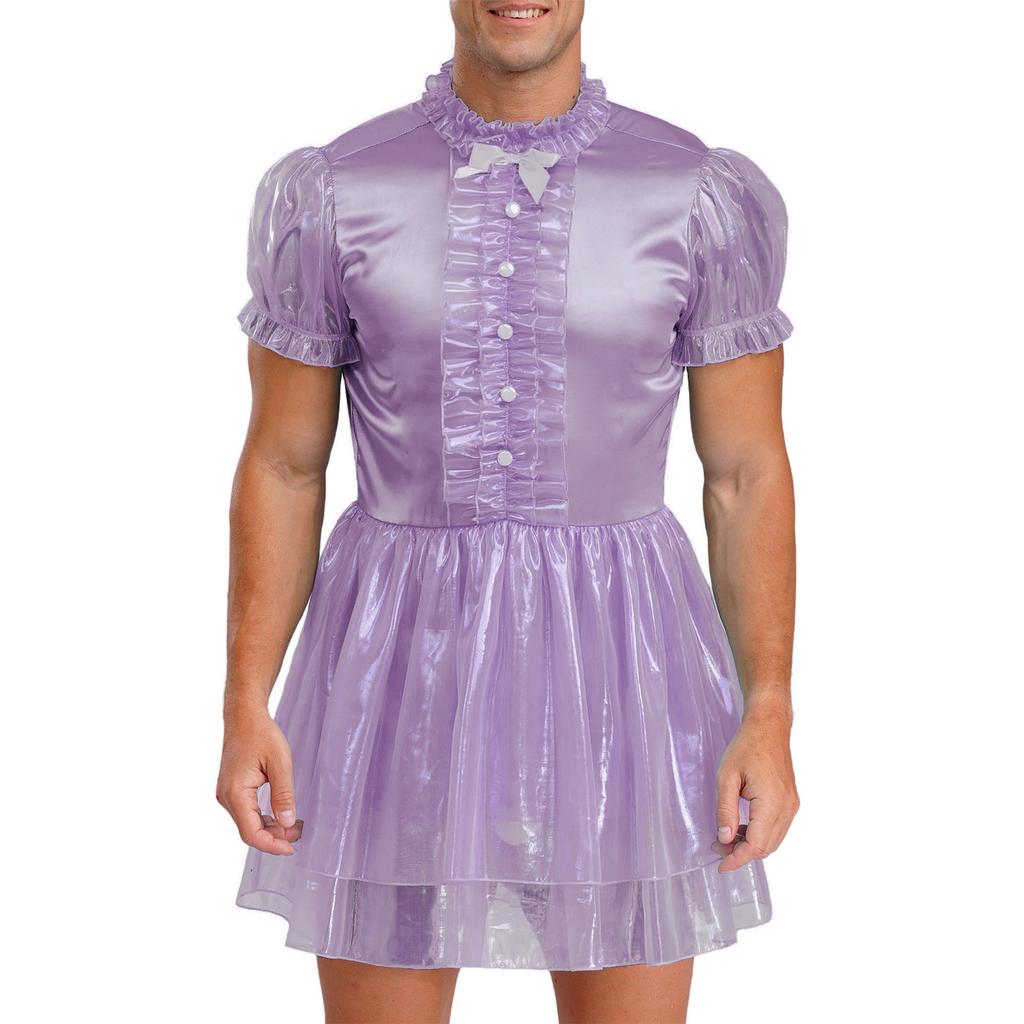 Herre Sissy Maid Kjole Kapper Kant Puffermer Sløyfedetalj Glitrende Puffete Kjole Låsbar Crossdressing Kostyme