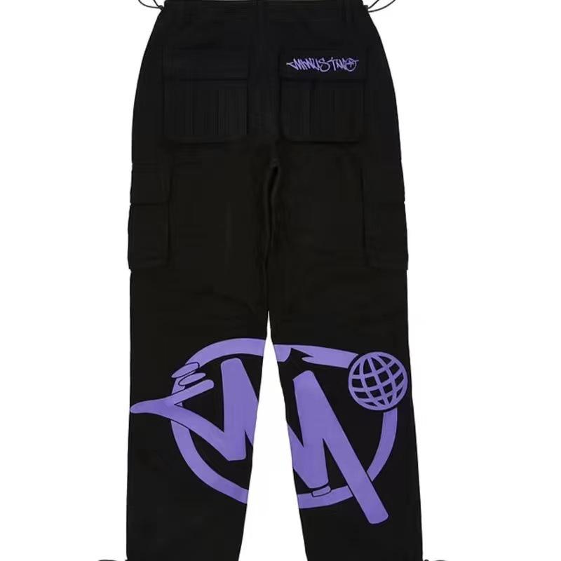 Retro American Hip Hop Wide Leg Pants with Pocket Print Casual Loose Workwear Trousers for Men Dance Scene Comfortable Fit