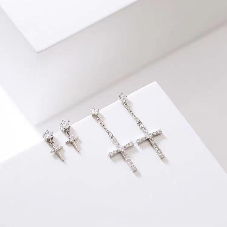 925 Sterling Silver Cross Diamond Stud Earrings for Women - High-End Cold Style