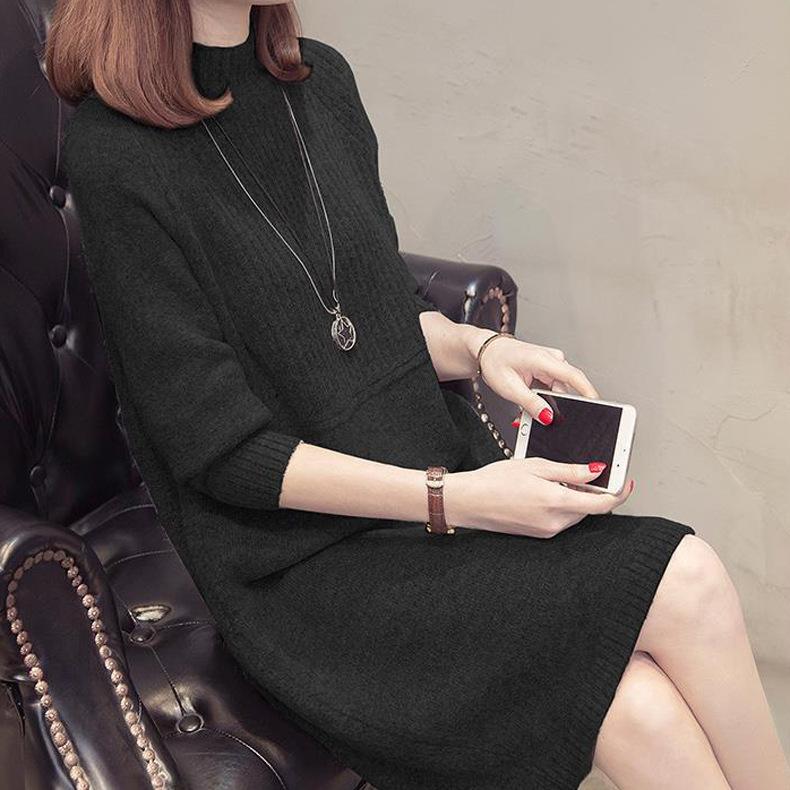 Half Turtleneck Sweater for Women In Autumn and Winter Loose Long-sleeved Mid-length Knitted Dress Solid Color Casual Pullover