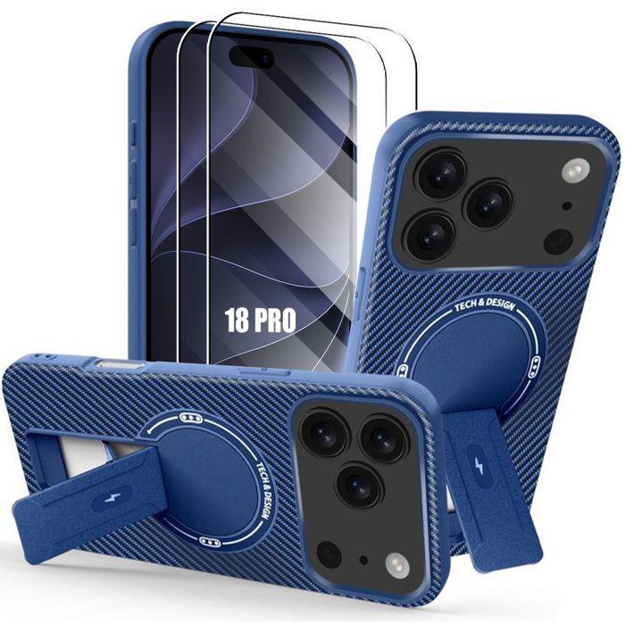 Coque pour iPhone 18 Pro, Silicone avec Cercle Magnétique et Support Bleu Marine - 2 Verres Trempés