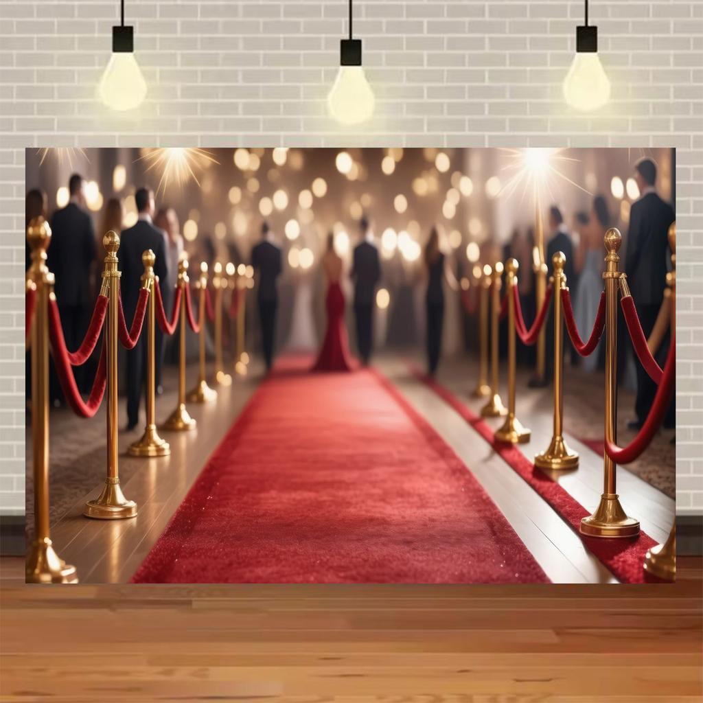 Fondo Fotografico Tappeto Rosso di Hollywood, Tema Uscita Film e Premio Oscar, Fondo Fotografico Focalizzato sull'Oro, Decorazioni per Eventi e Palchi