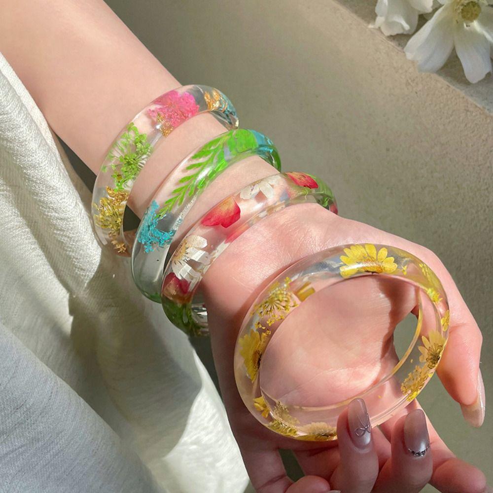 Resin Acrylic Bangle Bohemian Big Cuff Bangle Unique Natural Dried Flower Bracelet  Girls