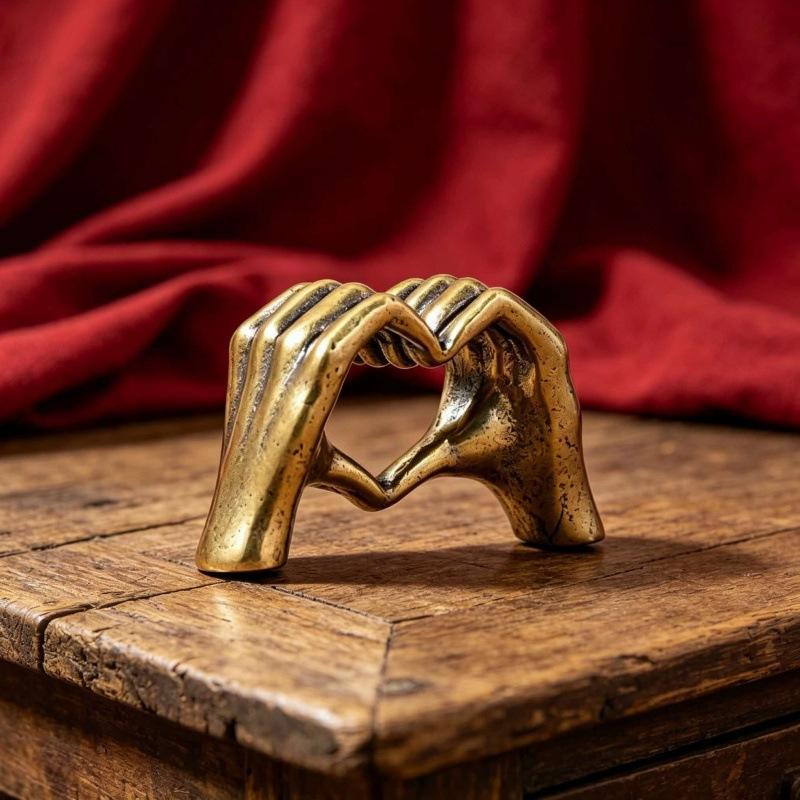 Vintage Brass Heart-Shaped Hand Statue, Love Hand Sculpture Model Ornament Home Office Desktop Decor