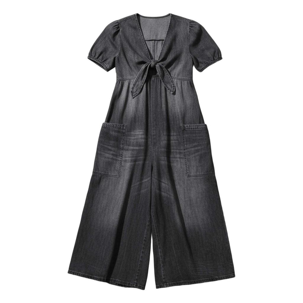 Women Short Sleeve V Neck Tie Front Cutout Wide Leg Jumpsuit Casual Smocked Back Summer Outfit with Pockets