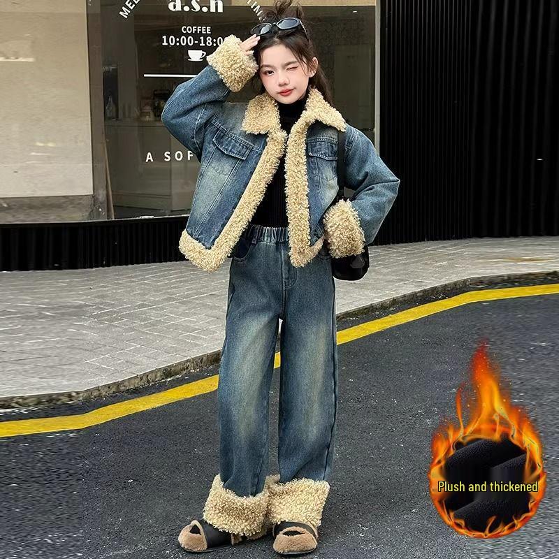Girls' High-Quality Quilted Denim and Lamb Wool Winter Set - Fleece-Lined Jacket and Coat