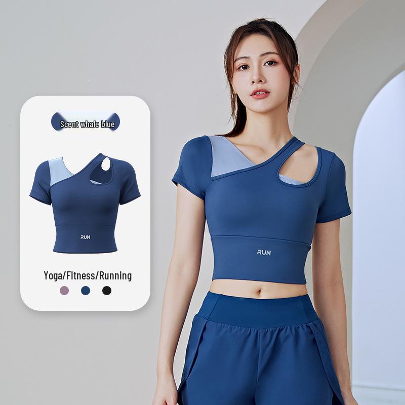 

Juyi Hall Peach Asymmetric Colorblock Yoga Top with Chest Pad - Women s Short Sleeve Fitness Shirt Extra Extra Large