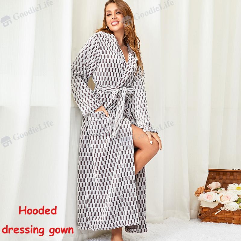 Thick Flannel Bathrobe for Women Winter Warm Fleece Robe Long Hooded Sleepwear Cozy Loungewear