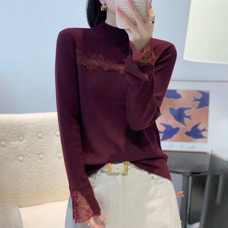 

Slimming High-Neck Women s Base Layer Top with Lace Trim Medium вина червоного кольору