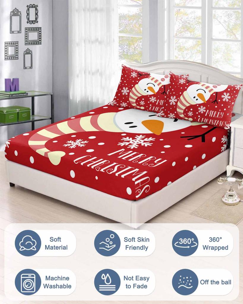 Christmas Snowman Pattern Snowflake Queen Size Bed Mattress Fitted sheet Elastic Rubber Band Non-slip Bed Sheet Pillowcase Set