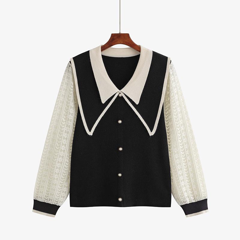 

Плюс размер женский колледж стиль лацкан стиль осень пэчворк кружева с длинными рукавами вязаный свитер XXXL чёрный