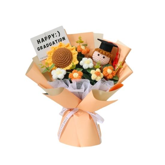 Handmade Crochet Flower Bouquet Completed Knitted Sunflower Puff Flower Doll Graduation Bouquet Teacher Appreciation Gifts for Grad Party Favors