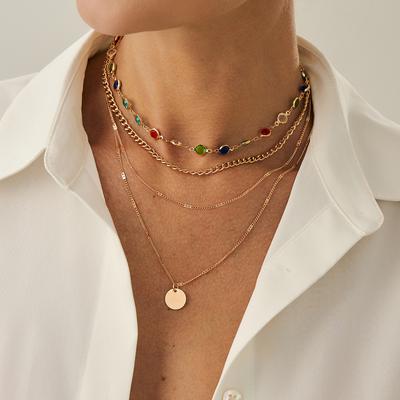 Salircon 2Pcs/set Boho Colorful Crystal Chain Necklace for Women Trendy Simple Gold Color Circular Smooth Pendant Choker Jewelry