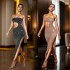 Hot Stamping Dress Dress European and American Fashion Women Clothes Hot Drilling Split Sexy Formal Dress Dress Dress