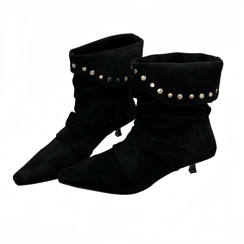 European and American fashion rivet pleated piled boots women's 2025 new suede small square heel temperament short boots
